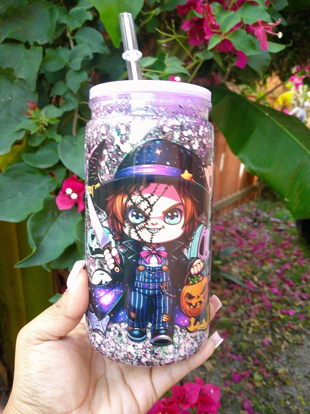 Purple Glitter Halloween Character Double-Wall Tumbler with Straw